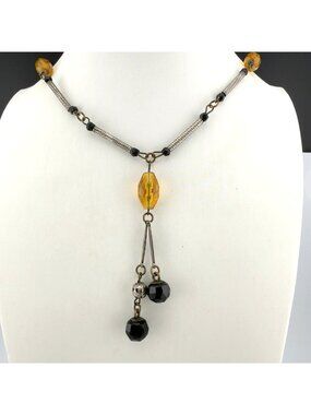Vintage Czech Glass Necklace Tassel Filigree Art Deco Yellow Black 28"